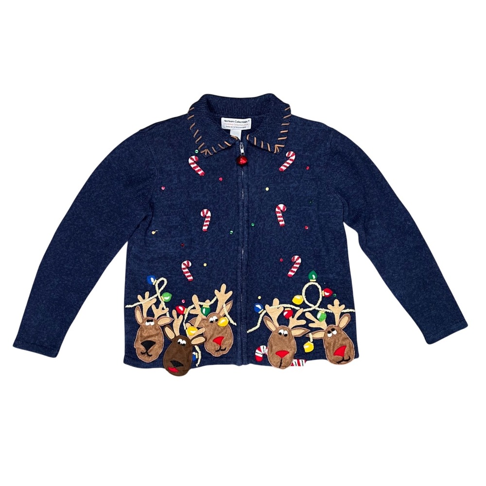 Heirloom Collectibles 2004 Reindeer Christmas Zip Up Sweater Navy Blue Small